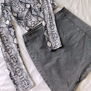 Charcoal Denim Notched Mini Skirt